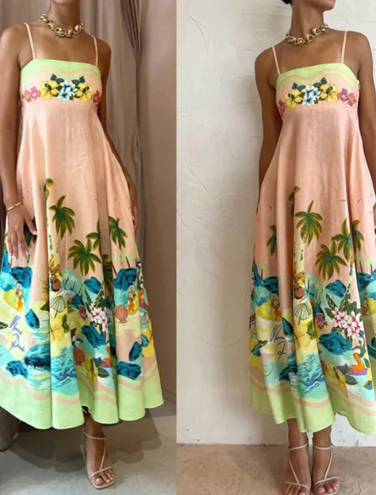 Discount Women's Midi Dress Summer Dress Slip Dress Print Dress Fashion Classic Vacation Beach Weekend Regular Fit Tropical Sleeveless Spaghetti Strap Summer Women Vacation Dresses