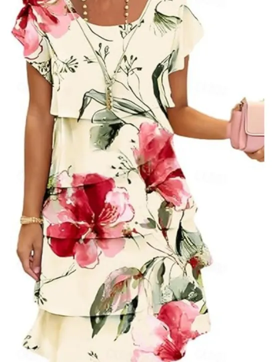 Online Women's Midi Dress Summer Dress Print Dress Elegant Daily Regular Fit Floral Geometric Short Sleeve Crew Neck Light Yellow Light Pink Bright pink Pink Summer Women Floral Dresses