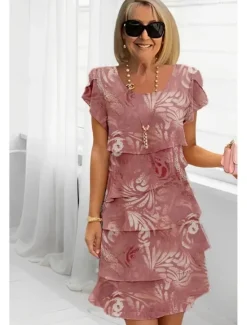 Online Women's Midi Dress Summer Dress Print Dress Elegant Daily Regular Fit Floral Geometric Short Sleeve Crew Neck Light Yellow Light Pink Bright pink Pink Summer Women Floral Dresses