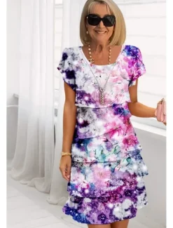 Online Women's Midi Dress Summer Dress Print Dress Elegant Daily Regular Fit Floral Geometric Short Sleeve Crew Neck Light Yellow Light Pink Bright pink Pink Summer Women Floral Dresses