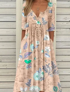Discount Women's Midi Dress Summer Dress Pleated Dress Vacation Casual Beach Holiday Regular Fit Floral Graphic Short Sleeve Crew Neck Blue Purple Orange Summer Women Casual Dress
