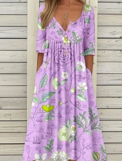 Discount Women's Midi Dress Summer Dress Pleated Dress Vacation Casual Beach Holiday Regular Fit Floral Graphic Short Sleeve Crew Neck Blue Purple Orange Summer Women Casual Dress