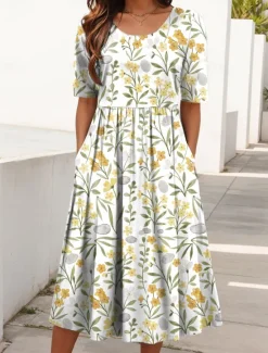 Women's Midi Dress Summer Dress Pleated Dress Vacation Casual Beach Daily Holiday Regular Fit Floral Graphic Short Sleeve Crew Neck Yellow Pink Blue Summer Spring Women Casual Dress