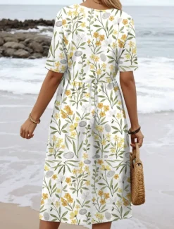 Women's Midi Dress Summer Dress Pleated Dress Vacation Casual Beach Daily Holiday Regular Fit Floral Graphic Short Sleeve Crew Neck Yellow Pink Blue Summer Spring Women Casual Dress