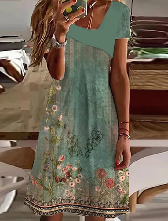 Best Women's Midi Dress Summer Dress Print Dress Active Streetwear Basic Outdoor Vacation Home Loose Fit Floral Short Sleeve V Neck Blue Khaki Summer Spring Fall Women Vacation Dresses