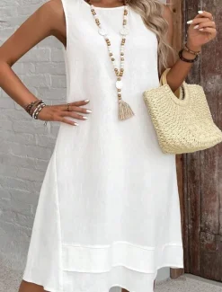 Discount Women's Midi Dress Summer Dress Casual Daily Regular Fit Solid Color Sleeveless Crew Neck White Navy Blue Summer Women Sundresses