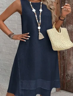 Discount Women's Midi Dress Summer Dress Casual Daily Regular Fit Solid Color Sleeveless Crew Neck White Navy Blue Summer Women Sundresses