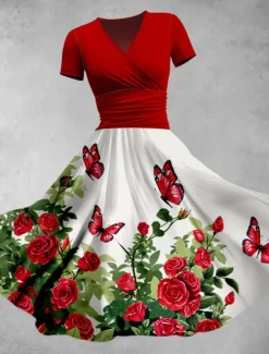 Clearance Women's Midi Dress Summer Dress Fit And Flare Dress Party Casual Daily Holiday Regular Fit Floral Graphic Short Sleeve V Neck Yellow Red Blue Purple Summer Women Casual Dress