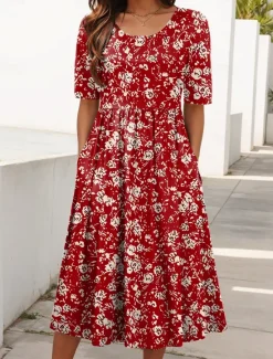 Outlet Women's Midi Dress Summer Dress Vacation Casual Beach Holiday Regular Fit Floral Graphic Short Sleeve Crew Neck Red Blue Green Summer Women Casual Dress