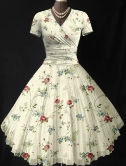 Hot Women's Midi Dress Summer Dress Fit And Flare Dress Vacation Party Casual Wedding Party Wedding Guest Regular Fit Floral Graphic Short Sleeve V Neck Black Pink Green Beige Summer Women Casual Dress|Vacation Dresses