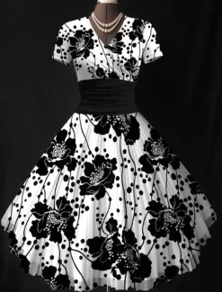Hot Women's Midi Dress Summer Dress Fit And Flare Dress Vacation Party Casual Wedding Party Wedding Guest Regular Fit Floral Graphic Short Sleeve V Neck Black Pink Green Beige Summer Women Casual Dress|Vacation Dresses