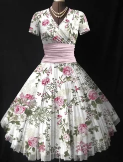 Hot Women's Midi Dress Summer Dress Fit And Flare Dress Vacation Party Casual Wedding Party Wedding Guest Regular Fit Floral Graphic Short Sleeve V Neck Black Pink Green Beige Summer Women Casual Dress|Vacation Dresses