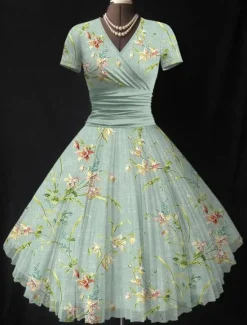 Hot Women's Midi Dress Summer Dress Fit And Flare Dress Vacation Party Casual Wedding Party Wedding Guest Regular Fit Floral Graphic Short Sleeve V Neck Black Pink Green Beige Summer Women Casual Dress|Vacation Dresses