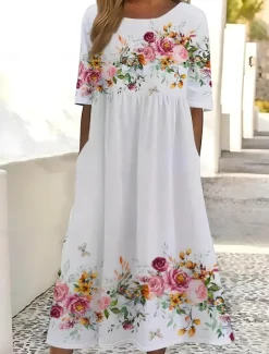 Online Women's Midi Dress Sundress Summer Dress Slip Dress Vacation Casual Beach Birthday Daily Holiday Loose Fit Floral Graphic Short Sleeve Crew Neck Summer Women Casual Dress