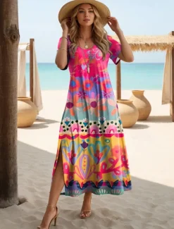 New Women's Midi Dress Sundress A Line Dress Vacation Casual Boho Butterfly Sleeve Beach Regular Fit Graphic Tribal Short Sleeve Crewneck Light Blue Black Gold Black Light Green Summer Spring Women Vacation Dresses