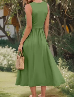 Discount Women's Midi Dress Sundress A Line Dress Off The Shoulder Dress Vacation Casual Beach Outdoor Party Going out Regular Fit Solid Color Graphic Plain Sleeveless U Neck White Pink Wine Navy Blue Summer Women Sundresses
