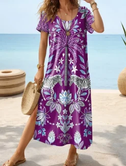 Sale Women's Midi Dress Sundress A Line Dress Vacation Casual Boho Butterfly Sleeve Vacation Beach Regular Fit Graphic Geometric Paisley Short Sleeve Crewneck Light Blue Purple Green Summer Women Vacation Dresses