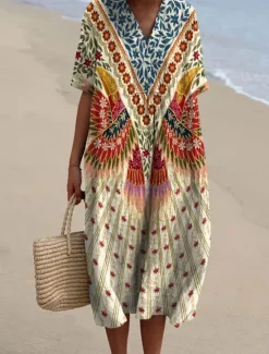 Women's Midi Dress Sundress A Line Dress Vacation Casual Boho Party Going out Beach Floral Graphic Long Sleeve V Neck Summer Spring Women Casual Dress