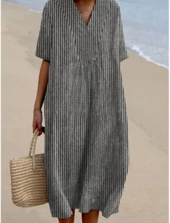 Sale Women's Midi Dress Sundress A Line Dress Vacation Casual Beach Party Going out Beach Loose Fit Graphic Geometric Stripe Half Sleeve V Neck Yellow Blue Dark Gray Summer Spring Women Vacation Dresses