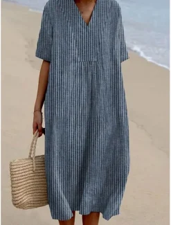 Sale Women's Midi Dress Sundress A Line Dress Vacation Casual Beach Party Going out Beach Loose Fit Graphic Geometric Stripe Half Sleeve V Neck Yellow Blue Dark Gray Summer Spring Women Vacation Dresses