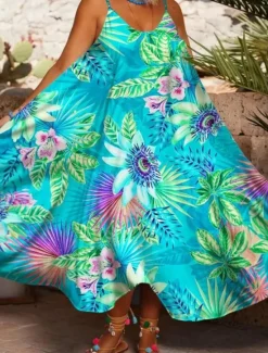 Clearance Women's Midi Dress Sundress Summer Dress Slip Dress Fit And Flare Dress Vacation Casual Boho Cold Shoulder Vacation Party Casual Oversized Floral Graphic Sleeveless Strap White Light Green Light Women Vacation Dresses