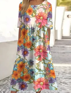 New Women's Midi Dress Sundress Summer Dress Vacation Casual Beach Daily Holiday Tea Party Loose Fit Floral Graphic Half Sleeve Crew Neck White Yellow Blue Orange Summer Women Casual Dress