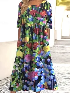 New Women's Midi Dress Sundress Summer Dress Vacation Casual Beach Daily Holiday Tea Party Loose Fit Floral Graphic Half Sleeve Crew Neck White Yellow Blue Orange Summer Women Casual Dress