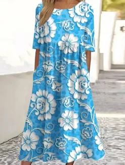New Women's Midi Dress Sundress Summer Dress Vacation Casual Beach Daily Holiday Tea Party Loose Fit Floral Graphic Half Sleeve Crew Neck White Yellow Blue Orange Summer Women Casual Dress