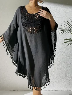 Women's Midi Dress Sundress Tropical Hawaiian Stylish Vacation Daily Regular Fit Plain Short Sleeve Crew Neck Black White Orange Summer Women Cover Up