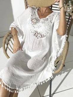 Women's Midi Dress Sundress Tropical Hawaiian Stylish Vacation Daily Regular Fit Plain Short Sleeve Crew Neck Black White Orange Summer Women Cover Up