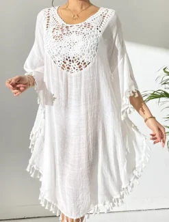 Women's Midi Dress Sundress Tropical Hawaiian Stylish Vacation Daily Regular Fit Plain Short Sleeve Crew Neck Black White Orange Summer Women Cover Up