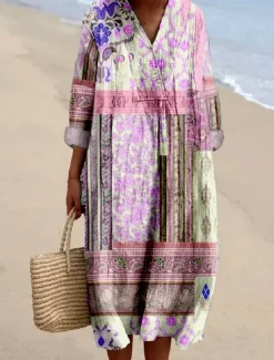 Sale Women's Midi Dress Sundress A Line Dress Vacation Casual Boho Holiday Date Beach Loose Fit Floral Graphic Paisley Long Sleeve V Neck Light Pink Light Green Light Purple Summer Spring Fall Women Vacation Dresses