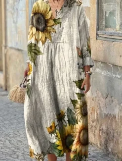 Outlet Women's Midi Dress Sundress A Line Dress Vacation Casual Boho Party Holiday Beach Loose Fit Floral Graphic Geometric Long Sleeve V Neck Dark Red Pink Blue Purple Summer Spring Fall Women Vacation Dresses