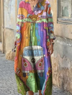 Outlet Women's Midi Dress Sundress A Line Dress Vacation Casual Boho Party Holiday Beach Loose Fit Floral Graphic Geometric Long Sleeve V Neck Dark Red Pink Blue Purple Summer Spring Fall Women Vacation Dresses