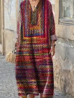 Outlet Women's Midi Dress Sundress A Line Dress Vacation Casual Boho Party Holiday Beach Loose Fit Floral Graphic Geometric Long Sleeve V Neck Dark Red Pink Blue Purple Summer Spring Fall Women Vacation Dresses