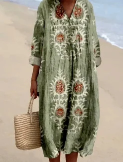 Best Women's Midi Dress Sundress A Line Dress Vacation Casual Boho Party Holiday Beach Loose Fit Floral Graphic Long Sleeve V Neck Sage Green Dusty Blue Brown Summer Spring Fall Women Vacation Dresses
