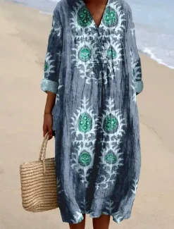 Best Women's Midi Dress Sundress A Line Dress Vacation Casual Boho Party Holiday Beach Loose Fit Floral Graphic Long Sleeve V Neck Sage Green Dusty Blue Brown Summer Spring Fall Women Vacation Dresses
