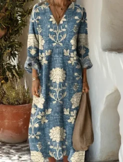 New Women's Midi Dress Sundress A Line Dress Vacation Casual Boho Party Holiday Beach Loose Fit Floral Graphic Geometric Long Sleeve V Neck Black Blue Orange Green Summer Spring Fall Women Vacation Dresses