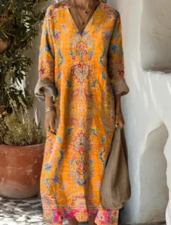 New Women's Midi Dress Sundress A Line Dress Vacation Casual Boho Party Holiday Beach Loose Fit Floral Graphic Geometric Long Sleeve V Neck Black Blue Orange Green Summer Spring Fall Women Vacation Dresses