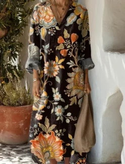 New Women's Midi Dress Sundress A Line Dress Vacation Casual Boho Party Holiday Beach Loose Fit Floral Graphic Geometric Long Sleeve V Neck Black Blue Orange Green Summer Spring Fall Women Vacation Dresses
