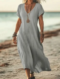 New Women's Midi Dress Sundress Summer Dress Casual Daily Holiday Beach Regular Fit Linen Like Plain Short Sleeve V Neck White Pink Blue Green Summer Women Casual Dress