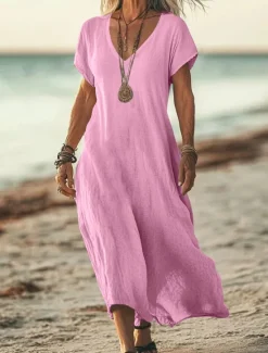 New Women's Midi Dress Sundress Summer Dress Casual Daily Holiday Beach Regular Fit Linen Like Plain Short Sleeve V Neck White Pink Blue Green Summer Women Casual Dress