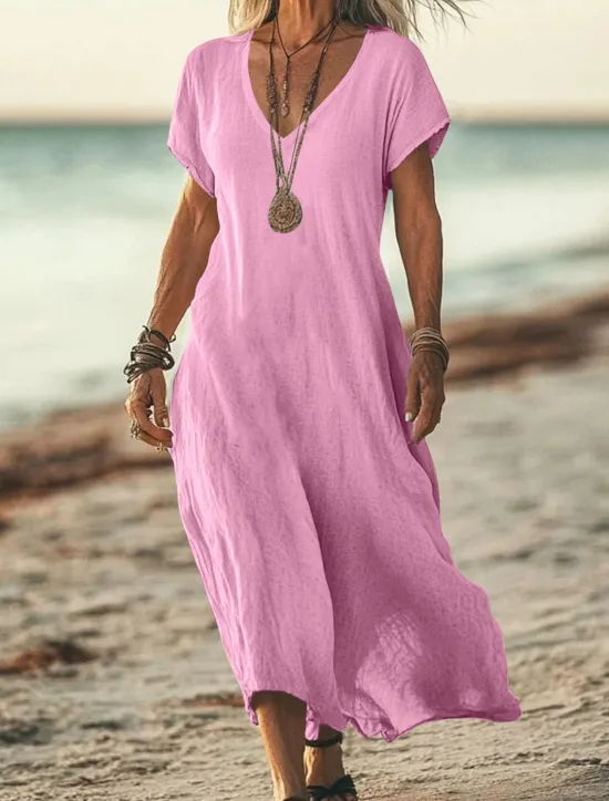 New Women's Midi Dress Sundress Summer Dress Casual Daily Holiday Beach Regular Fit Linen Like Plain Short Sleeve V Neck White Pink Blue Green Summer Women Casual Dress