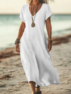 New Women's Midi Dress Sundress Summer Dress Casual Daily Holiday Beach Regular Fit Linen Like Plain Short Sleeve V Neck White Pink Blue Green Summer Women Casual Dress