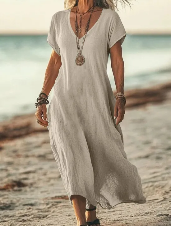 New Women's Midi Dress Sundress Summer Dress Casual Daily Holiday Beach Regular Fit Linen Like Plain Short Sleeve V Neck White Pink Blue Green Summer Women Casual Dress