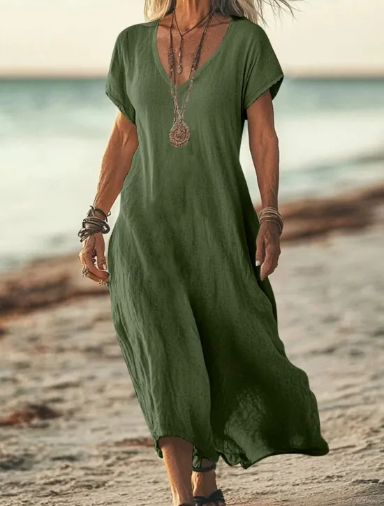 New Women's Midi Dress Sundress Summer Dress Casual Daily Holiday Beach Regular Fit Linen Like Plain Short Sleeve V Neck White Pink Blue Green Summer Women Casual Dress