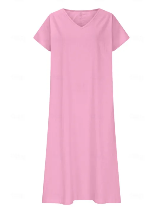 New Women's Midi Dress Sundress Summer Dress Casual Daily Holiday Beach Regular Fit Linen Like Plain Short Sleeve V Neck White Pink Blue Green Summer Women Casual Dress
