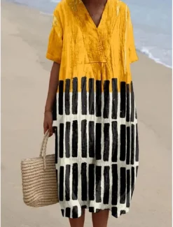 Discount Women's Midi Dress Sundress A Line Dress Linen Vacation Casual Beach linen like Going out Loose Fit Graphic Geometric Short Sleeve V Neck Light Yellow Dark Yellow Yellow Summer Women Vacation Dresses