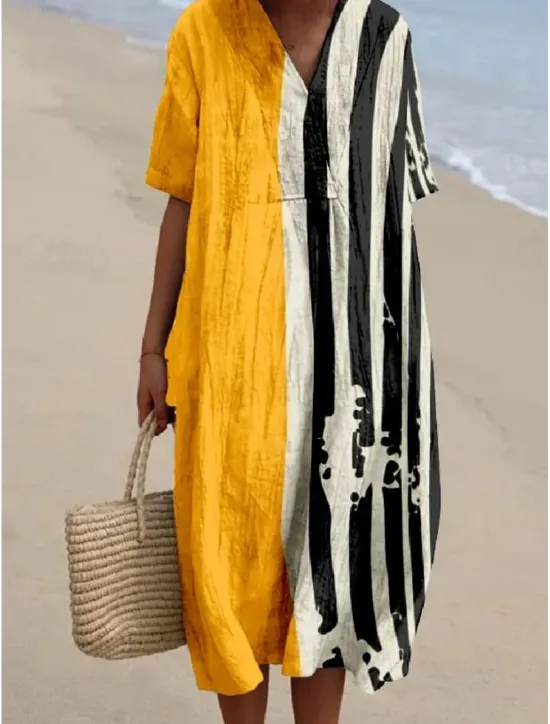 Discount Women's Midi Dress Sundress A Line Dress Linen Vacation Casual Beach linen like Going out Loose Fit Graphic Geometric Short Sleeve V Neck Light Yellow Dark Yellow Yellow Summer Women Vacation Dresses