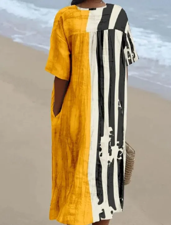 Discount Women's Midi Dress Sundress A Line Dress Linen Vacation Casual Beach linen like Going out Loose Fit Graphic Geometric Short Sleeve V Neck Light Yellow Dark Yellow Yellow Summer Women Vacation Dresses